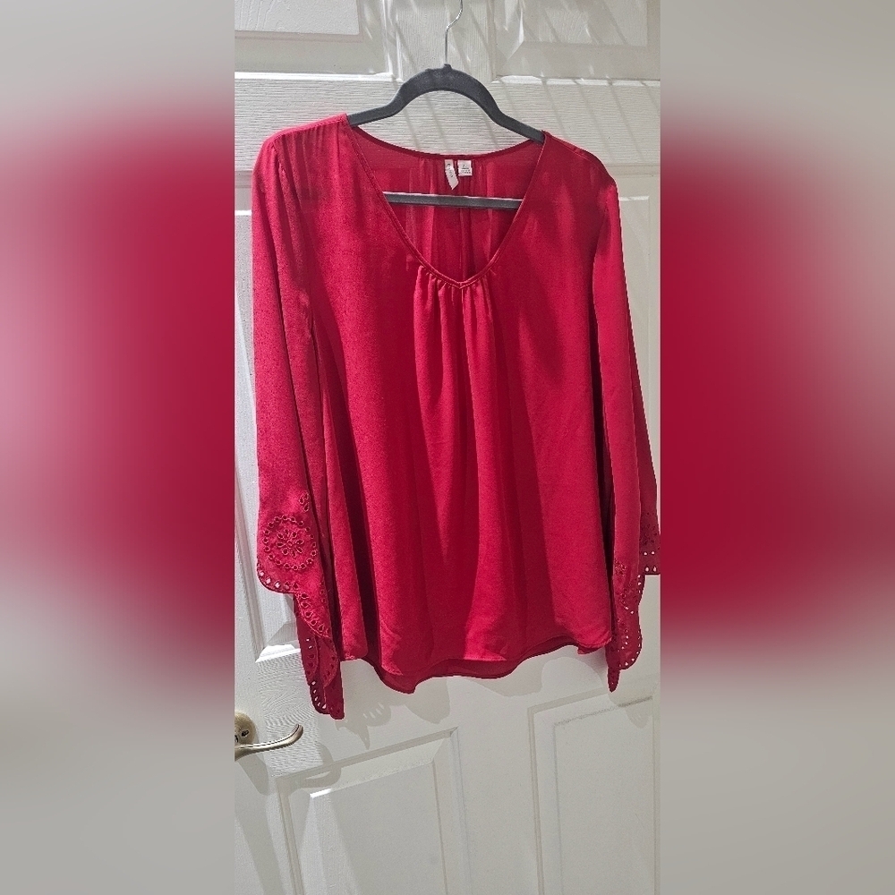 Cato Bohemian Red Blouse With Flared Eyelet Detailed Sleeves
